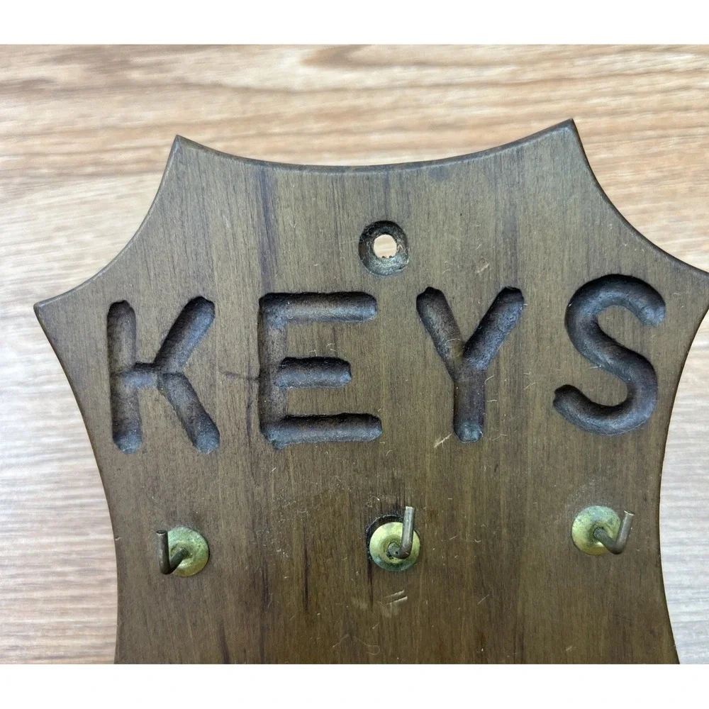 Vintage 1980 Wood Wall Hanging Key‎ Hook Rack with 5 Hooks